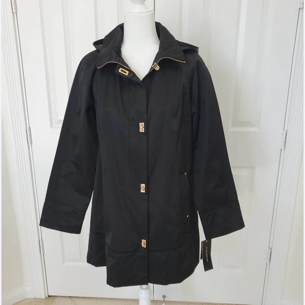 Jones New York NWOT Women's Black Hooded raincoat removable hood size XL